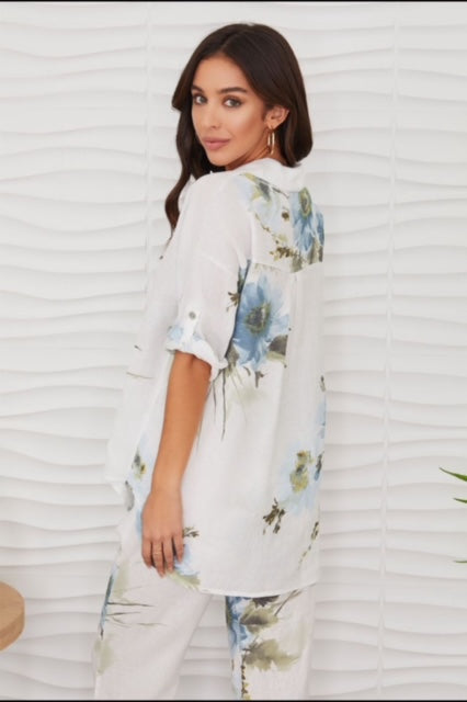 Blue Watercolor Floral Linen Roll tab Button Down Top